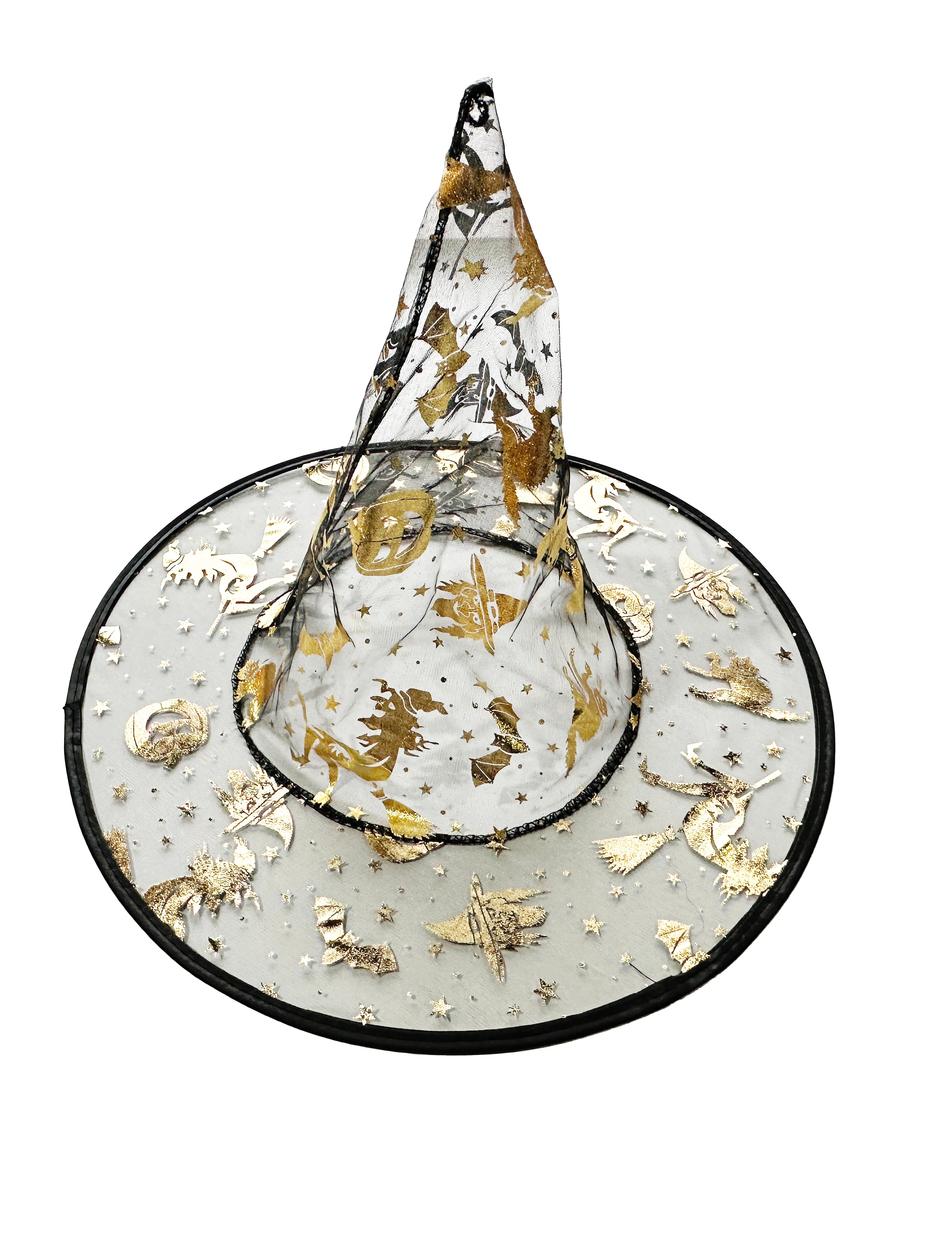 Wickedfun Black Witch Hat with Gold Halloween Prints